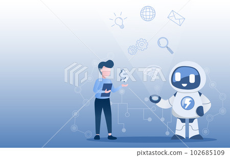 Innovation communication concept. Robot hand showing virtual business icon. Innovation communication concept. Robot hand showing virtual business icon. 102685109
