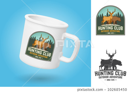 White camping cup. Realistic mug mockup template with sample design. Hunting club badge, patch. Vector illustration. Vintage typography design with deer, bear and forest silhouette. Outdoor adventure 102685450