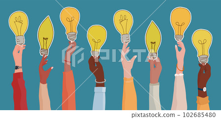 Raised arms of diverse and multi-ethnic business people holding a light bulb shaped label as a concept of innovation or startup or collaboration or financial investment.Community concept Raised arms of diverse and multi-ethnic business people holding a light bulb shaped label as a concept of innovation or startup or collaboration or financial investment.Community concept 102685480