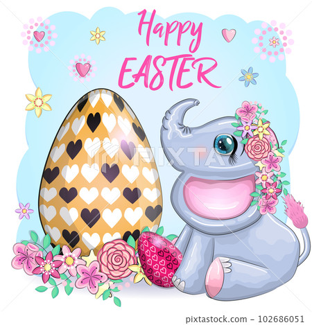 Cute cartoon elephant, childish character with beautiful eyes holding an easter egg. Happy Easter Cute cartoon elephant, childish character with beautiful eyes holding an easter egg. Happy Easter 102686051