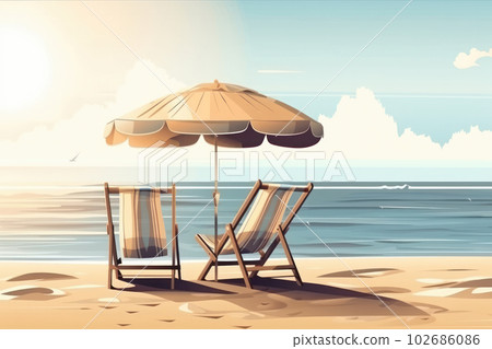 Coastal paradise with beach chairs and umbrella on a sandy beach, inviting vacationers to lounge in the sun and enjoy the view, AI Generative. Coastal paradise with beach chairs and umbrella on a sandy beach, inviting vacationers to lounge in the sun and enjoy the view, AI Generative. 102686086
