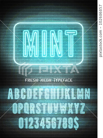 Mint sign and blue neon narrow bold font with numbers on vector dark brick wall background. Bright night light alphabet glow effect 102686857