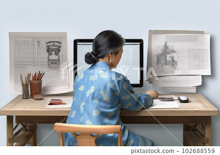 An adult Korean woman, a business woman, is sitting at a table in the office. Back view. Generative AI An adult Korean woman, a business woman, is sitting at a table in the office. Back view. Generative AI 102688559