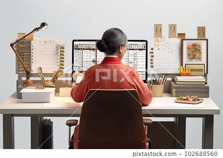 An adult Korean woman, a business woman, is sitting at a table in the office. Back view. Generative AI An adult Korean woman, a business woman, is sitting at a table in the office. Back view. Generative AI 102688560