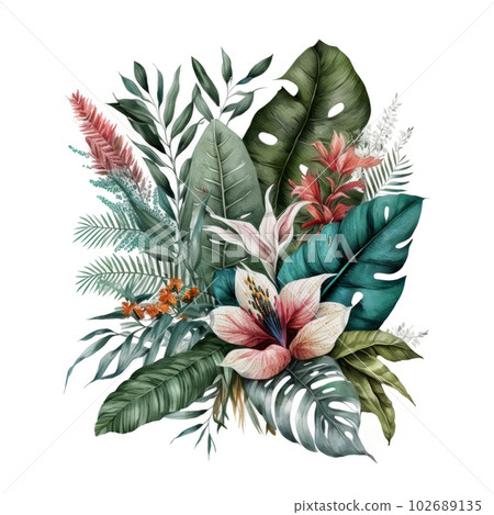Watercolor tropical leaves. Illustration AI Generative 102689135