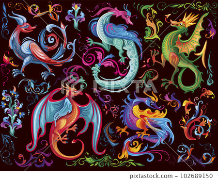 Medieval mythical creature, Illuminati manuscript inspiration, romanesque style Medieval mythical creature, Illuminati manuscript inspiration, romanesque style 102689150