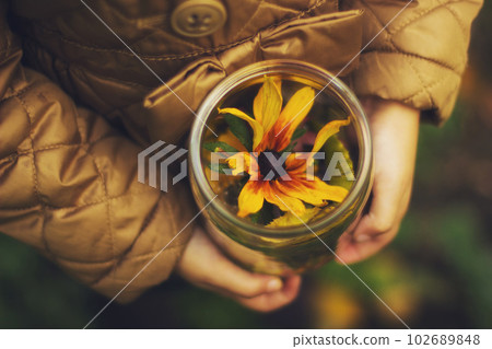 Girl keeps Bottle filled autumn treasures 102689848