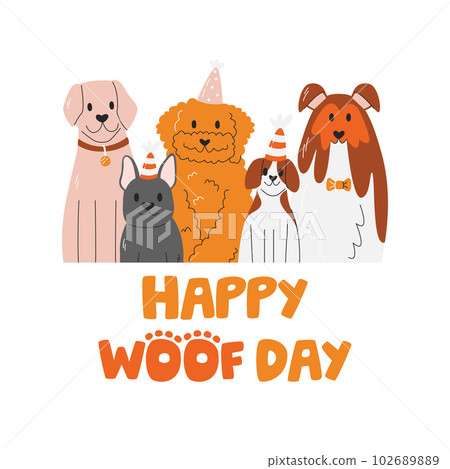 Dog birthday concept design with handwritten lettering. Cute dog friends celebrating paw-ty. Pet party with different breed puppies. Happy woofday hand drawn flat vector illustration isolated on white Dog birthday concept design with handwritten lettering. Cute dog friends celebrating paw-ty. Pet party with different breed puppies. Happy woofday hand drawn flat vector illustration isolated on white 102689889