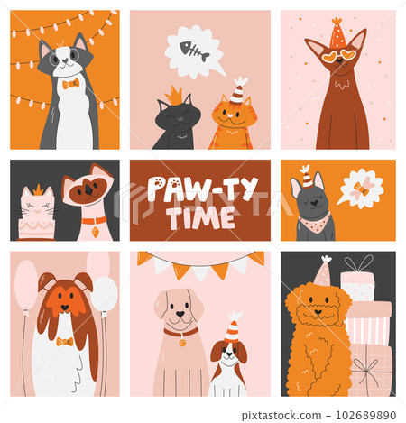 Pet party poster template with cats and dogs. Celebration concept design with handwritten lettering. Geometric banner with domestic animals. Paw-ty time hand drawn flat vector illustration isolated 102689890