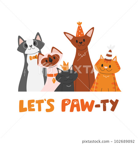Different cat breeds celebrating birthday. Cat pet party concept with handwritten lettering isolated. Cute kittens friends festival pawty. Domestic animal pawty hand drawn flat vector illustration Different cat breeds celebrating birthday. Cat pet party concept with handwritten lettering isolated. Cute kittens friends festival pawty. Domestic animal pawty hand drawn flat vector illustration 102689892