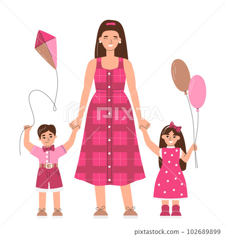 Mom with children having outdoor activities. Family concept for Happy Mother's Day. Woman on maternity leave with twins. Kids holding balloons and kite. Character hand drawn flat vector illustration Mom with children having outdoor activities. Family concept for Happy Mother's Day. Woman on maternity leave with twins. Kids holding balloons and kite. Character hand drawn flat vector illustration 102689899