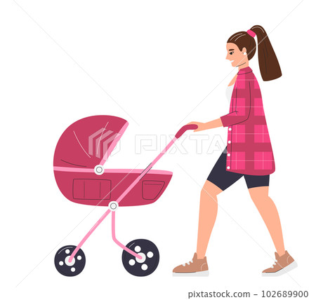 Young mom with baby carriage in outdoor activity. Nanny character walking with infant stroller. Maternity leave concept for Mother's day holiday. Happy motherhood hand drawn flat vector illustration Young mom with baby carriage in outdoor activity. Nanny character walking with infant stroller. Maternity leave concept for Mother's day holiday. Happy motherhood hand drawn flat vector illustration 102689900