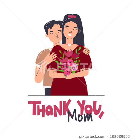Asian family portrait for mother's day. Son thanks his mom with flowers bouquet. Teenager embracing mother. Cute characters concept with lettering phrase. Hand drawn flat vector illustration isolated Asian family portrait for mother's day. Son thanks his mom with flowers bouquet. Teenager embracing mother. Cute characters concept with lettering phrase. Hand drawn flat vector illustration isolated 102689903