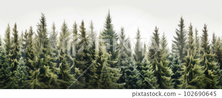 Serene winter forest with a row of trees standing against a snowy background. AI Generative. 102690645