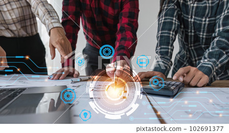 Building Information Modeling Technology concept, Engineer team working on office desk with icon on vr screen, Industry construction, Architect designer 102691377