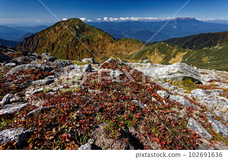 中央阿爾卑斯山島田娘的紅葉山脊線與三澤山和禦岳景觀 102691636