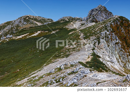 沿著中央阿爾卑斯山極樂平附近的橫斷面行走的登山者以及法見山和木曾駒岳的景色 102691637