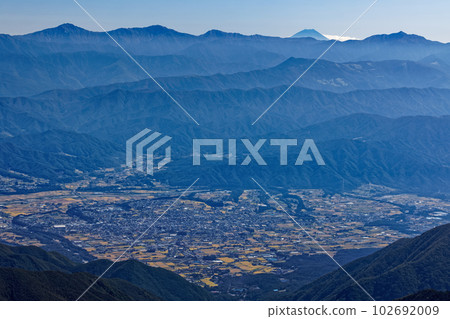 Mt.Fuji, Southern Alps and Komagane townscape seen from Shimada Musume, Central Alps 102692009