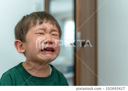 一個不愉快時期的孩子，一個大哭的男孩 102693427