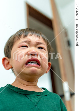 一個不愉快時期的孩子，一個大哭的男孩 102693428