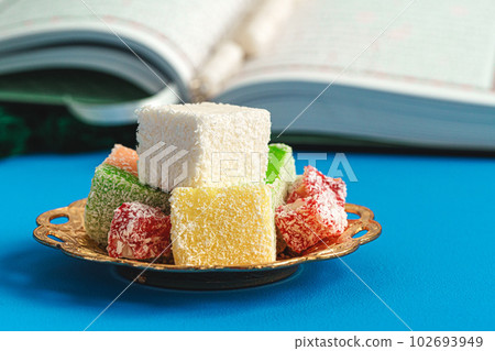 Square shaped turkish delight lokum sweets close up 102693949