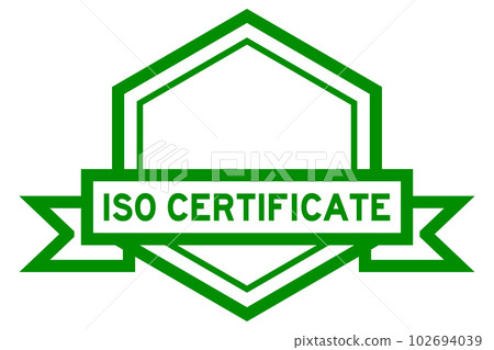 Vintage green color hexagon label banner with word ISO certificate on white background 102694039