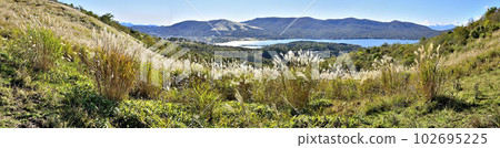 Panoramic view of Mt. Teppo Kinokashira (Mt. Myojin), Mt. Mikuni and Lake Yamanaka from the Mt. Panoramic view of Mt. Teppo Kinokashira (Mt. Myojin), Mt. Mikuni and Lake Yamanaka from the Mt. 102695225