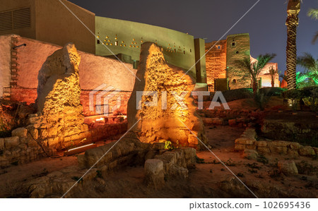 Diriyah old town walls illuminated at night, Riyadh, Saudi Arabia Diriyah old town walls illuminated at night, Riyadh, Saudi Arabia 102695436