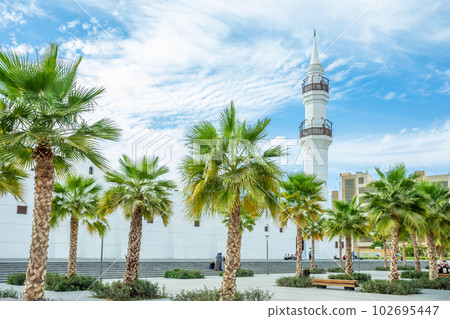 White Jaffali mosque with palms in foreground, Jeddah, Saudi Arabia White Jaffali mosque with palms in foreground, Jeddah, Saudi Arabia 102695447