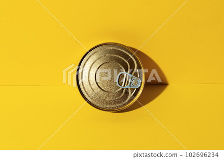 Canned food tin on yellow studio background Canned food tin on yellow studio background 102696234