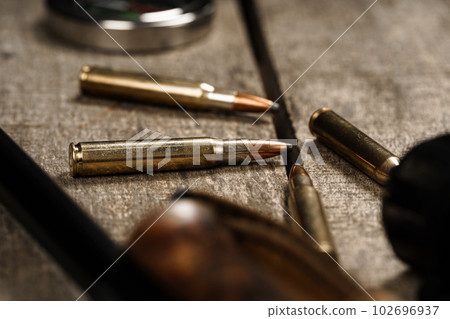 Close up of cartridges for hunting shotgun Close up of cartridges for hunting shotgun 102696937