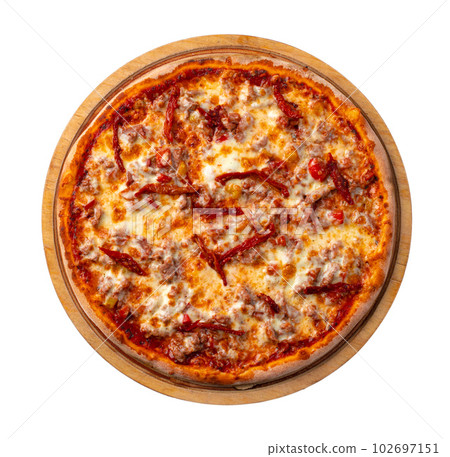 Fresh pizza on wooden board isolated on white Fresh pizza on wooden board isolated on white 102697151