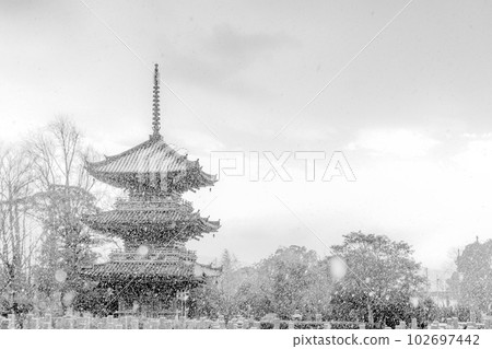 Three-storied pagoda of Hoshakuji Temple in winter at Oyamazaki, Kyoto Three-storied pagoda of Hoshakuji Temple in winter at Oyamazaki, Kyoto 102697442