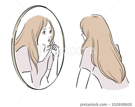 Woman with long hair looking into the mirror Woman with long hair looking into the mirror 102698608