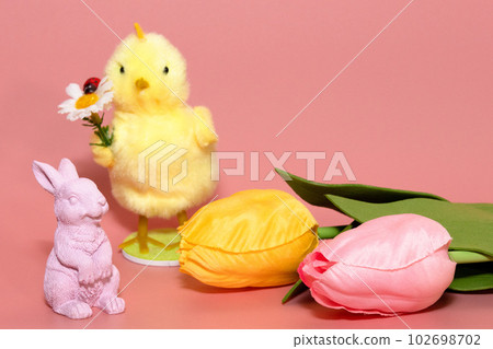 Chick, rabbit and tulip 102698702