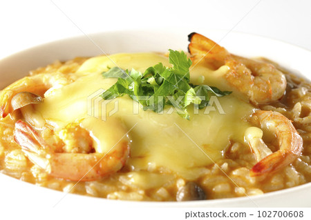 白色背景中拍攝的蝦、奶酪、香菜和冬陰功燴飯 白色背景中拍攝的蝦、奶酪、香菜和冬陰功燴飯 102700608