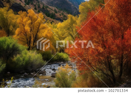 Natural scenery surrounded by a river and beautiful autumn leaves: AI work 102701334