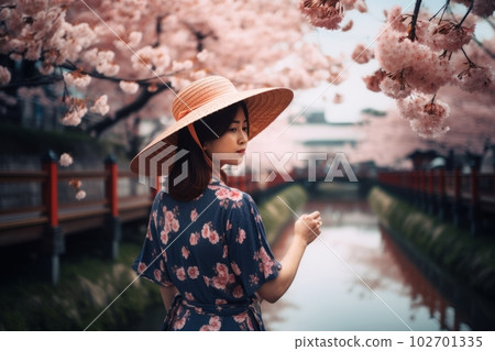 櫻花盛開的河兩岸和戴草帽的女人：AI工作 102701335