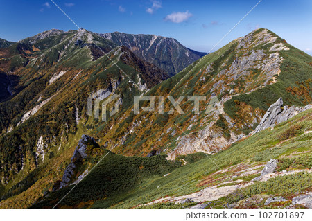 The main ridgeline of the Central Alps in autumn colors: Mt. Hinokio, Mt. Hoken, and Mt. Kisokomagatake The main ridgeline of the Central Alps in autumn colors: Mt. Hinokio, Mt. Hoken, and Mt. Kisokomagatake 102701897