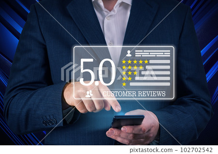Testimonials from successful businessman. Customer review good rating concept. business satisfaction 102702542