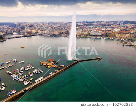 Aerial view of the fountain on the Lake Leman. Geneva. Switzerland Aerial view of the fountain on the Lake Leman. Geneva. Switzerland 102702858