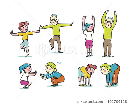 Grandparents and grandchildren checking locomotive organ failure set illustration material 102704128