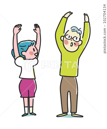 Grandfather and grandson checking locomotive organ dysfunction by raising their shoulders illustration material 102704134