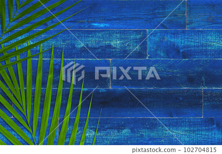 綠色棕櫚葉背景的鈷藍色木甲板 綠色棕櫚葉背景的鈷藍色木甲板 102704815