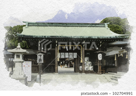 佐賀縣佐賀市佐賀市的水彩風格佐賀城下町佐賀神社神門 102704991