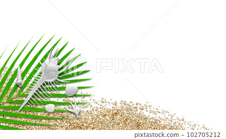 乾淨的白色貝殼和沙珊瑚和棕櫚葉，海灘圖像切口背景 102705212