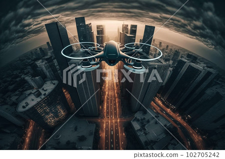 擁有飛行無人機的未來城市：AI 生成的圖像 102705242
