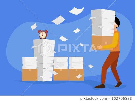 Busy workload and deadline causing exhaustion and burnout, overload or overworked office routine concept, tired businessman carrying heavy documents paperwork with alarm clock deadline on top. Busy workload and deadline causing exhaustion and burnout, overload or overworked office routine concept, tired businessman carrying heavy documents paperwork with alarm clock deadline on top. 102706588