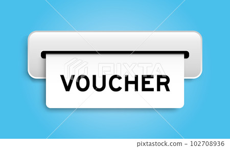 White coupon banner with word voucher from machine on blue color background White coupon banner with word voucher from machine on blue color background 102708936