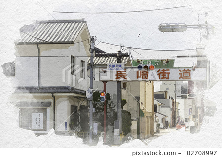 Watercolor style Saga Castle Town Nagasaki Highway Gofuku Motomachi Saga City, Saga Prefecture 102708997